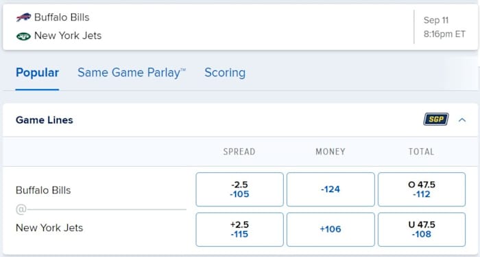 Week 1 Jets-Bills Opening Line FDS